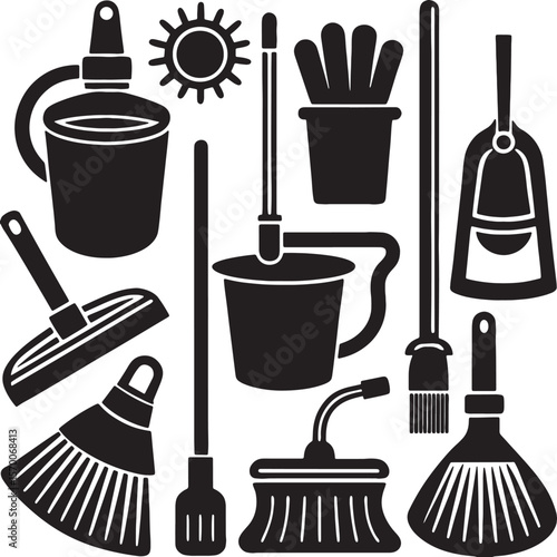 Collection of cleaning tools and supplies in silhouette icons vector on white background