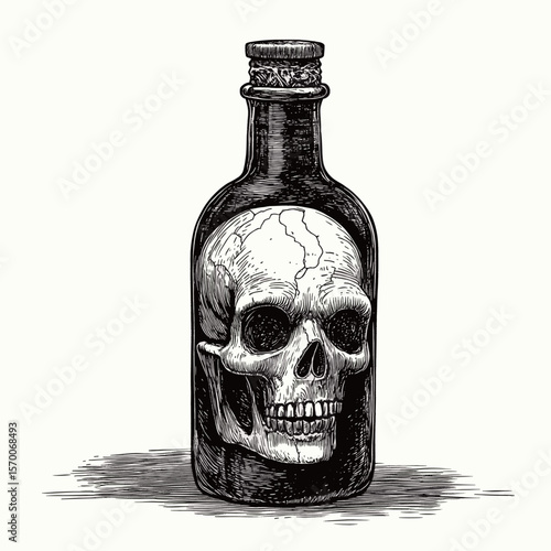Vintage skull in a glass bottle illustration