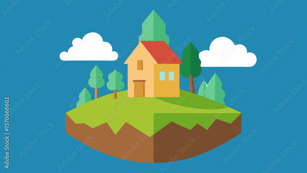 Vector illustration of a charming castle on a hill, nestled in a rural landscape with trees, a village, and a clear sky, depicting a peaceful country estate Vector illustration of a charming castle on a hill, nestled in a rural landscape with trees, a village, and a clear sky, depicting a peaceful country estate