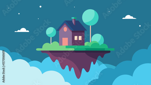 Vector illustration of a fantasy home on a hill under a moonlit sky with a lone tree