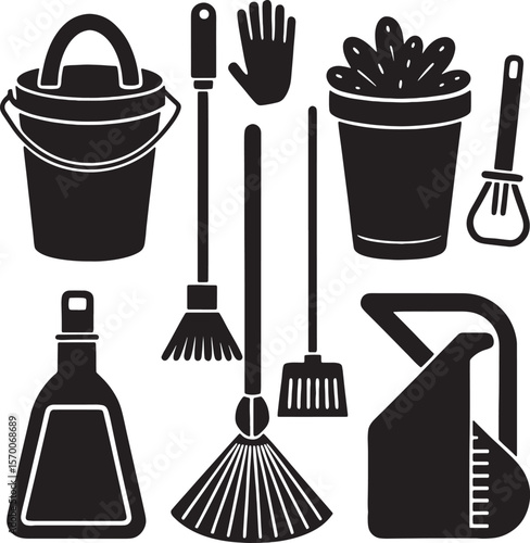 Collection of cleaning tools and supplies in silhouette icons vector on white background