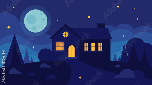 Dark silhouette of a spooky house in the woods under a moonlit night sky with a few bats flying past the roof and a single window glowing