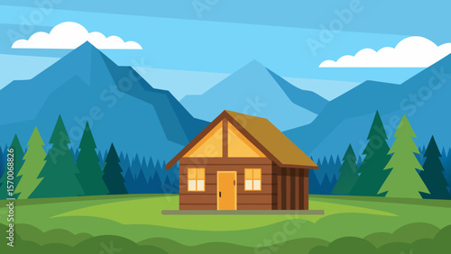 Mountain house landscape with green meadows and blue sky, a rural alpine home illustration