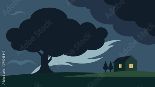 Vector cartoon illustration of a night landscape with trees, clouds, and a moonlit sky