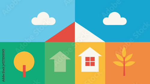 A charming set of four seasons banners depicting homes, trees, and landscapes with a sky full of sun and clouds, perfect for illustrating the changing nature of town and village life
