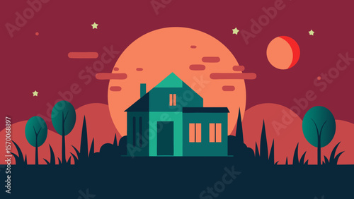 Haunted house on a hill in the dark woods with a spooky moonlit sky illustration