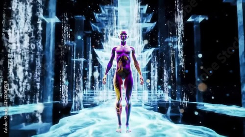 Holographic figure ascends digital waterfall temple