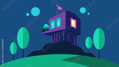 Riverside and lakeside homes nestled in a nocturnal landscape illustrate a serene village, with architectural designs blending into nature under a vast sky