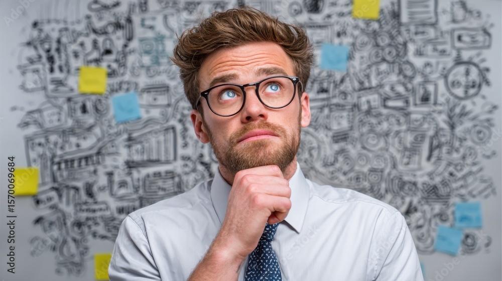 A young man in a dress shirt and tie thoughtfully ponders over a creative project while surrounded by an engaging thought map and colorful sticky notes in an office environment. A young man in a dress shirt and tie thoughtfully ponders over a creative project while surrounded by an engaging thought map and colorful sticky notes in an office environment.