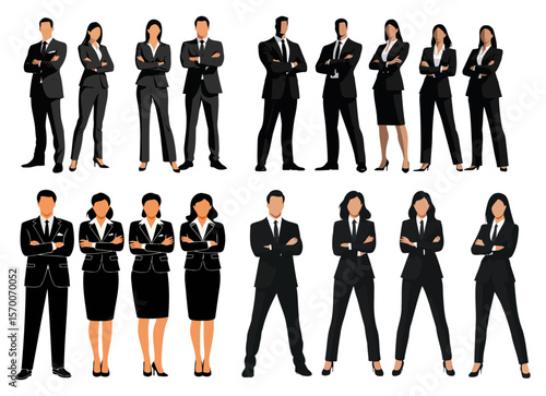 Professional Corporate Group of Men and Women in Elegant Business Suits Posing Strongly