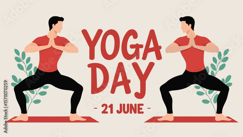 Yoga Day Illustration with Man in Red Shirt Performing Goddess Pose on June 21