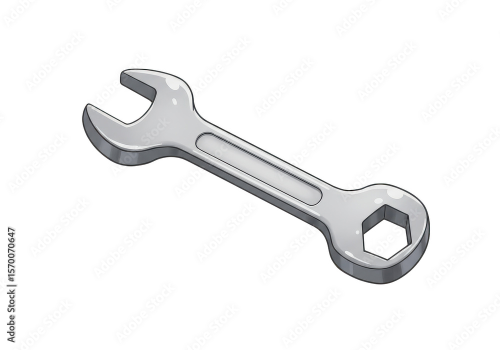 Illustration of a silver wrench with open and closed ends on a dark plain surface on transparent background Illustration of a silver wrench with open and closed ends on a dark plain surface on transparent background