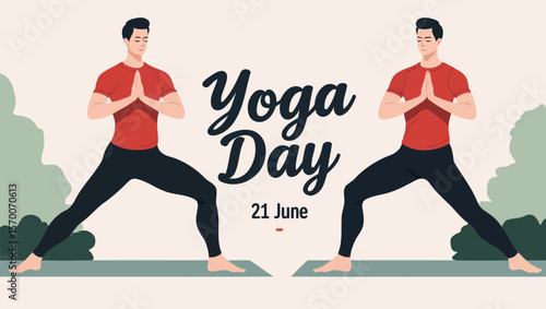 Minimalist Yoga Day Design with Balanced Warrior Pose and Green Background