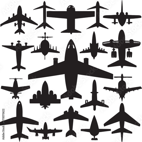 Collection of diverse airplane silhouettes isolated on white background 