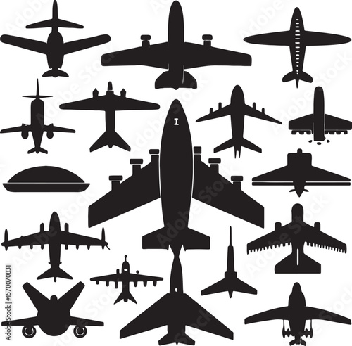 Collection of diverse airplane silhouettes isolated on white background 