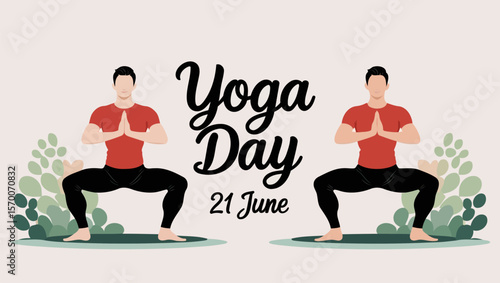 International Yoga Day Poster with Male Figure Practicing Yoga Squat and Meditation