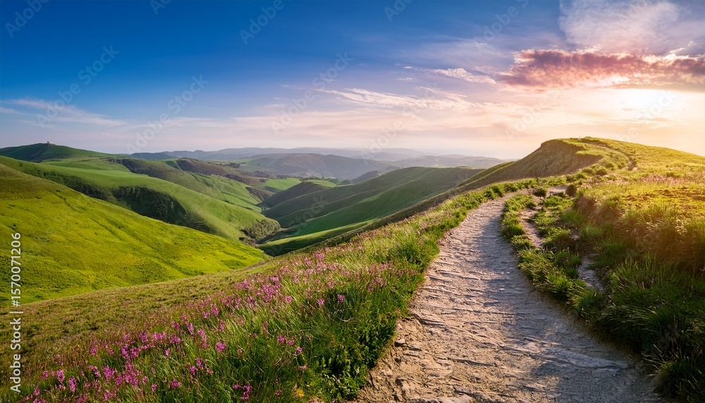 Fototapeta premium scenic pathway along cliffside offering breathtaking views of rolling hills and vibrant sky in summer