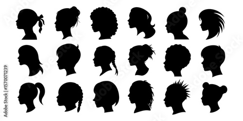 Female Heads with Varied Hairstyles. Silhouette icon set of female head profiles featuring a variety of hairstyles including curls, braids, buns, afros, and ponytails. Ideal for hairdresser visuals.
