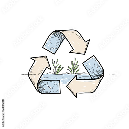 Recycling symbol with plants and water in eco-friendly design  