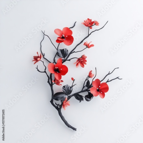 A branch with red blossoms and dark leaves is arranged elegantly on a white background. This artful composition evokes a sense of delicate beauty and traditional Asian aesthetics.