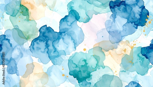 Seamless pattern of abstract watercolor blotches in cool tones with realistic edge bleeding and natural repetition