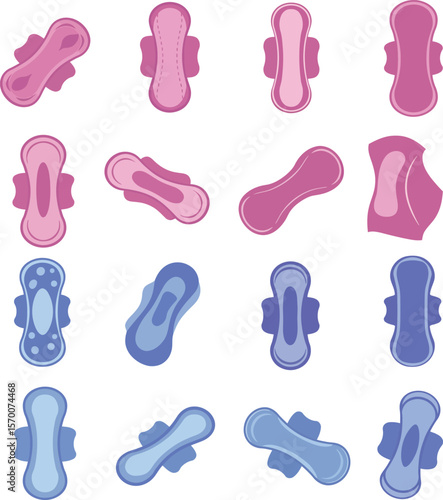 Purple Menstrual Pad & Feminine Hygiene Product Collection: Vector Illustration Set, Isolated on White. Health, Personal Care, Period, Sanitary Napkin & Tampon Packaging Design.