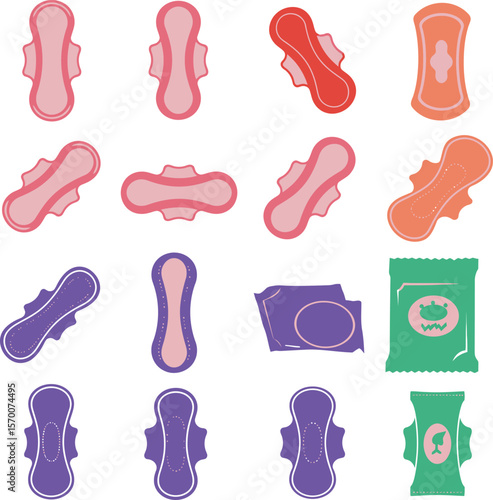 Purple Menstrual Pad & Feminine Hygiene Product Collection: Vector Illustration Set, Isolated on White. Health, Personal Care, Period, Sanitary Napkin & Tampon Packaging Design.