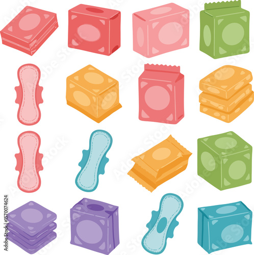 Purple Menstrual Pad & Feminine Hygiene Product Collection: Vector Illustration Set, Isolated on White. Health, Personal Care, Period, Sanitary Napkin & Tampon Packaging Design.