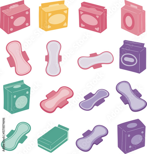 Purple Menstrual Pad & Feminine Hygiene Product Collection: Vector Illustration Set, Isolated on White. Health, Personal Care, Period, Sanitary Napkin & Tampon Packaging Design.