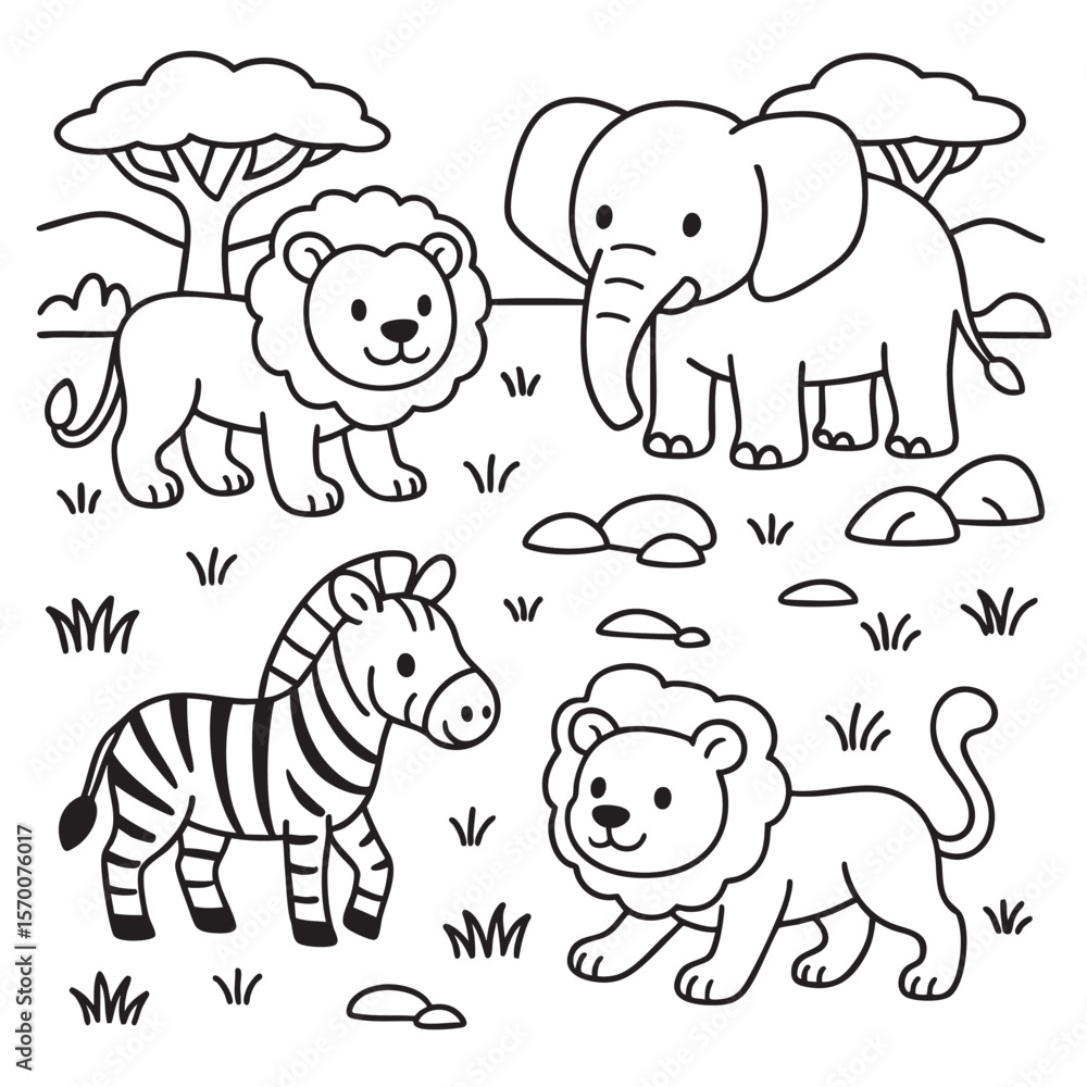 Naklejka premium Lions, zebra and elephant standing on grassy savanna with trees and rocks for kids to color. 