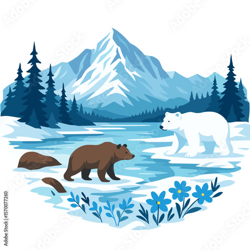 Grizzly and polar bear in Alaskan wilderness landscape with snowy mountains and lake – Alaska Day illustration