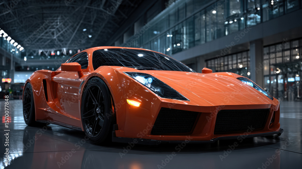 Obraz premium A striking orange sports car is parked prominently in a spacious indoor venue with sleek glass architecture. The lighting highlights its dynamic design and performance features.