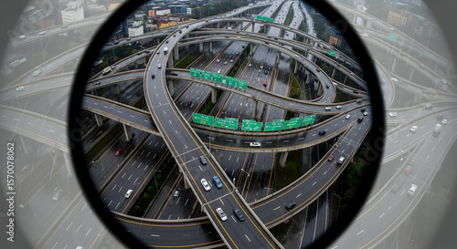 Aerial Highway Intersection Seen Through a Fisheye Lens Shows Complexity