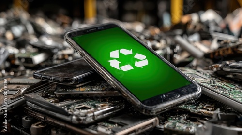 A smartphone sits atop a large pile of discarded electronic devices in a recycling center. The phone screen shows a prominent recycling symbol against a green background.
