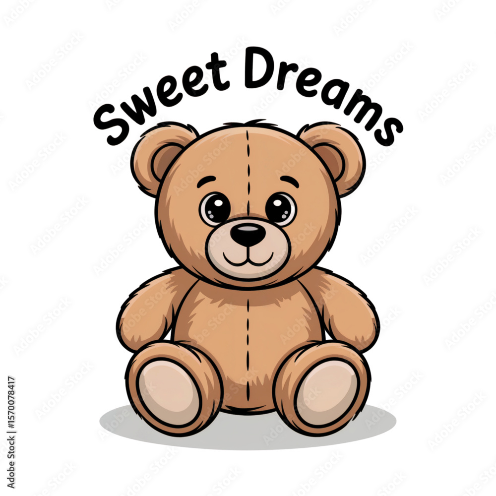 Fototapeta premium Cute vector illustration of a classic soft teddy bear with stitching details, sitting upright with a friendly smile. Perfect for baby products, nursery wall art, kids’ books, or parenting content.