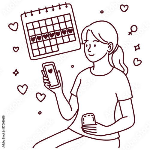 Outline drawing of woman holding smartphone and period calendar to track menstrual cycle