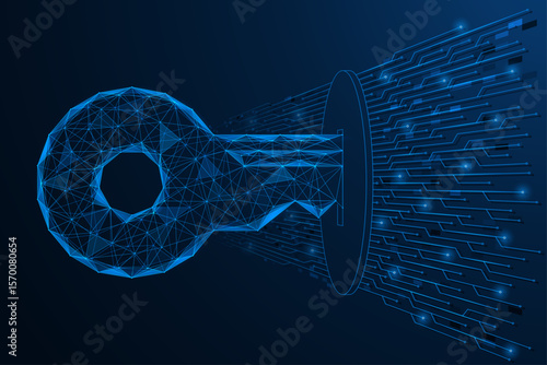 A digital access key. The keyhole is connected to the tracks of the printed circuit board. Polygonal design of lines and dots. Blue background.