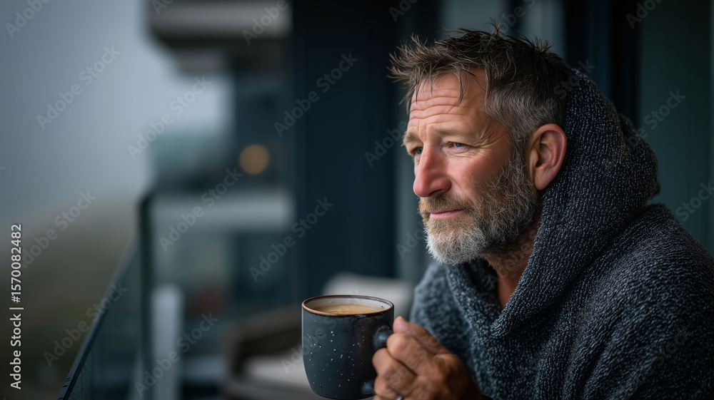 Middle-aged man enjoys quiet tea moment on balcony during tranquil morning Middle-aged man enjoys quiet tea moment on balcony during tranquil morning