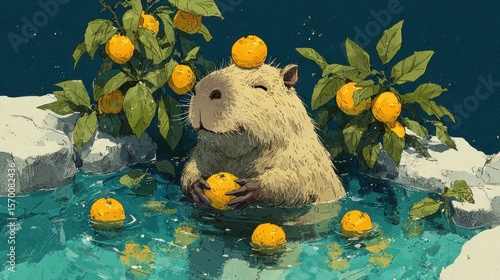 Capybara with oranges in a pond