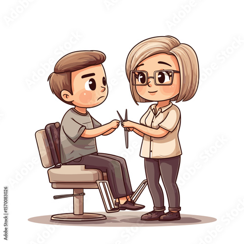Cute cartoon of a child getting a haircut at the salon