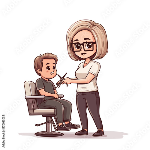 Cute cartoon of a child getting a haircut at the salon
