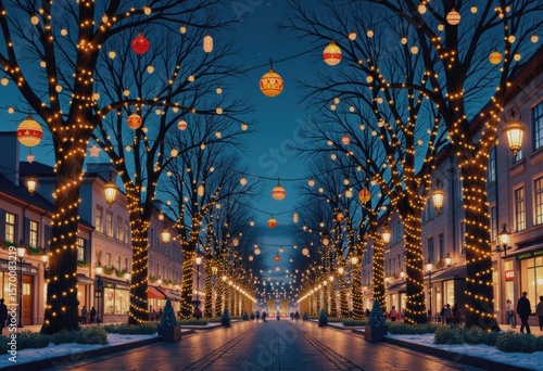 Decorated trees illuminated with festive lights in a city square during the holidays