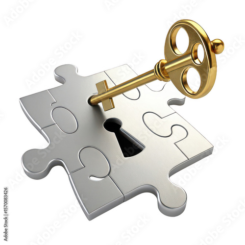 Golden key in puzzle isolated on transparent background