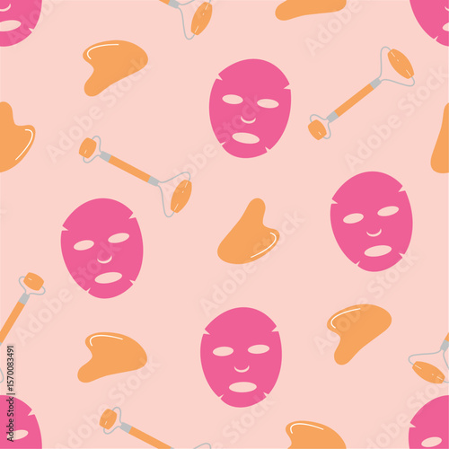 Seamless pattern with beauty gadgets. Face mask, massage  roller and gua sha tool. Skin care products for SPA. Beauty routine. Hand drawn vector illustration
