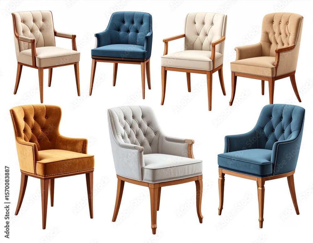 Fototapeta premium Collection of Upholstered Armchairs with Wooden Legs