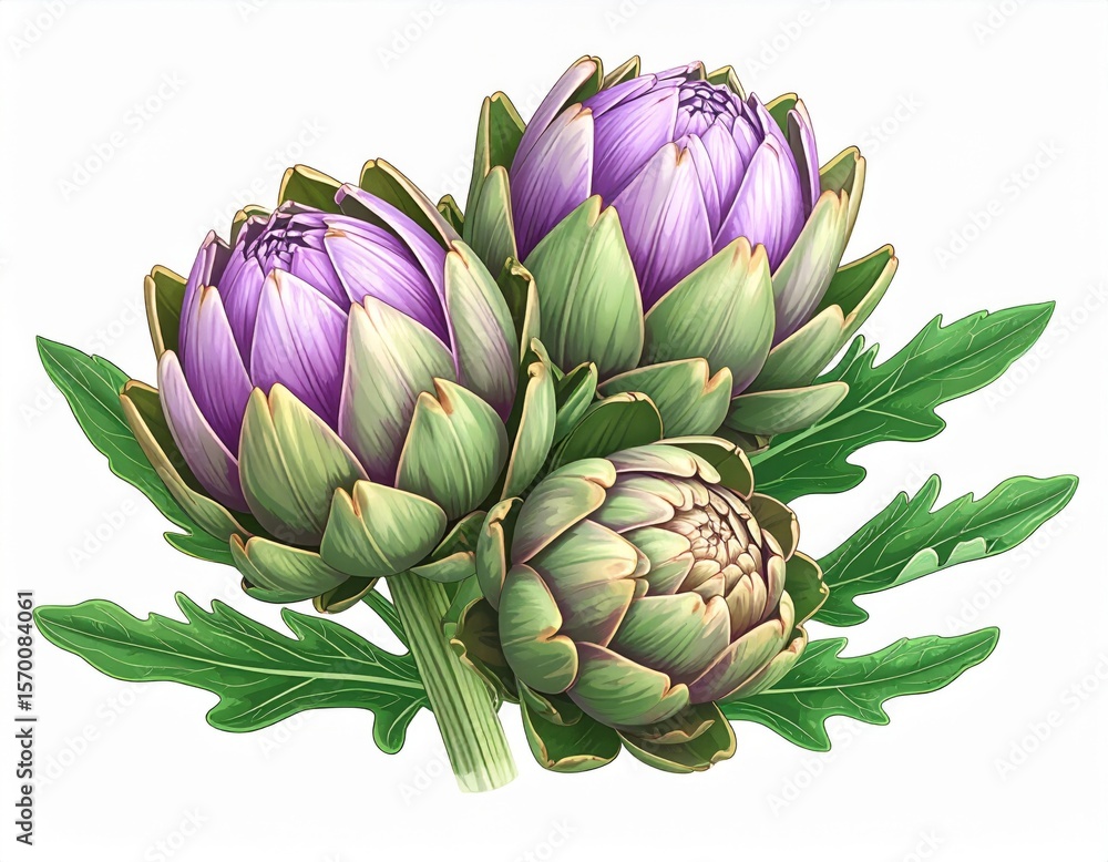 Obraz premium Closeup of Three Purple and Green Artichokes