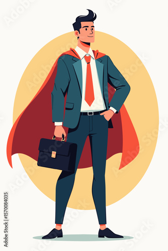 Confident businessman in a superhero cape, strong posture, creative illustration, copy space