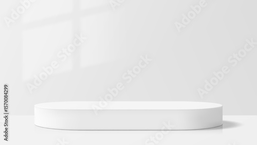 White oval stage or studio podium background with sunlight shadow. Empty 3D realistic stand. Minimal scene for product presentation display mock up.
