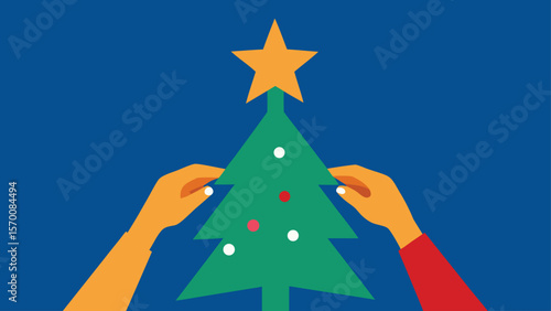 Close Up on Hands Carefully Placing a Star on a Christmas Tree