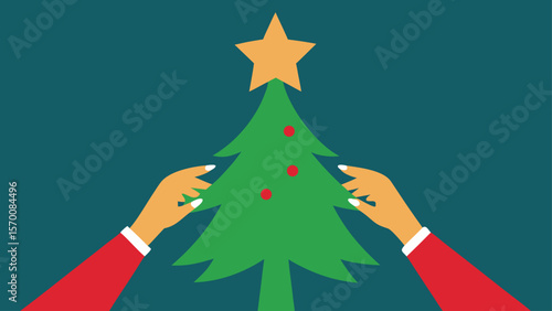 Close Up on Hands Carefully Placing a Star on a Christmas Tree